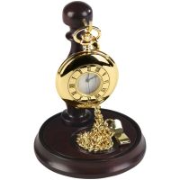 Gents Half Hunter Gold Plated Stainless Steel Pocket Watch With Chain & Stand