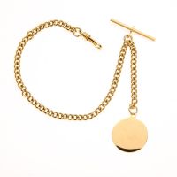Gold Plated 9 Inch Single Albert T-Bar Pocket Watch Chain With Engraveable Fob