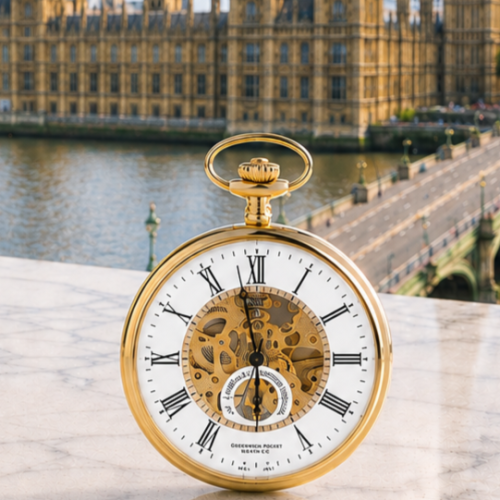 The Eltham Gold Plated Open Face Skeleton Dial Mechanical Pocket Watch with Chain