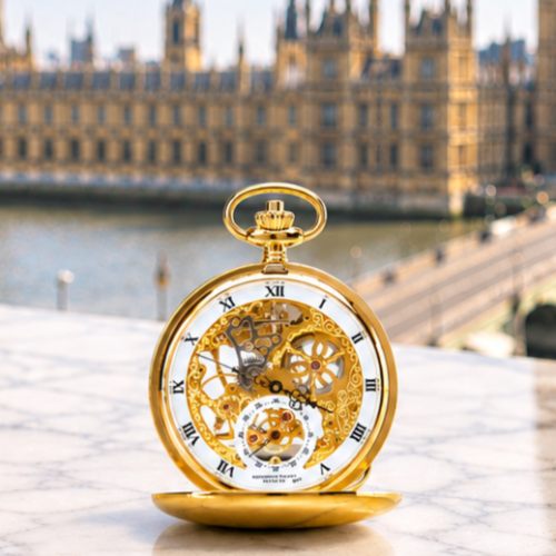 The Kensington Gold Plated Double Hunter Mechanical Pocket Watch with Chain