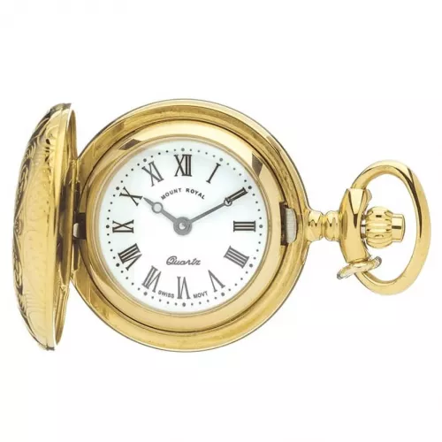 Gold Tone Full Hunter Pattern Quartz Pendant Necklace Watch