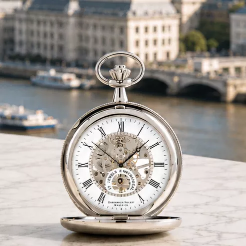 Chrome Plated Double Hunter Mechanical Pocket Watch St James with Chain