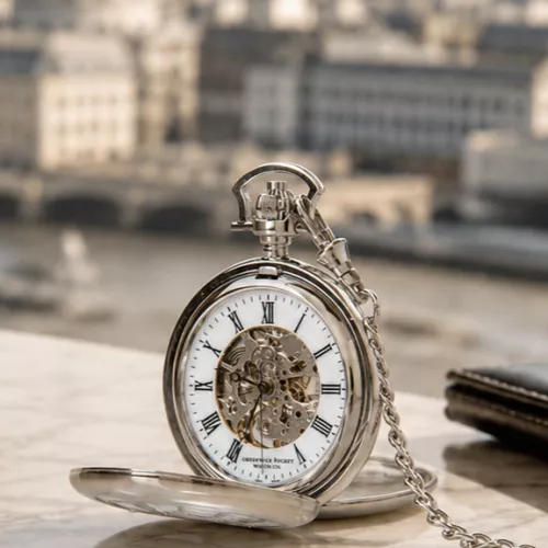 The Windsor Chrome Plated Double Half Hunter Mechanical Pocket Watch with Chain