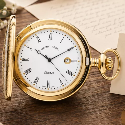 Gold Plated Full Hunter Date Display Quartz Pocket Watch with Chain
