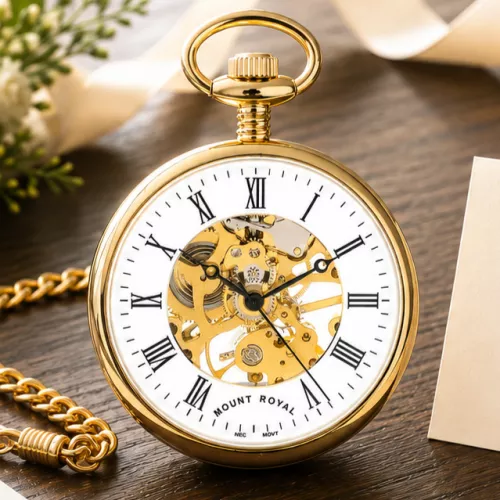 Gold Plated Open Face Skeleton Dial Mechanical Pocket Watch with Chain (Roman Numerals)
