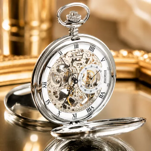Chrome Plated Double Hunter Mechanical Pocket Watch with Chain