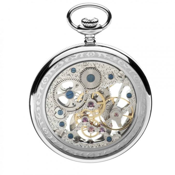 Chrome Plated Open Face 17 Jewel Skeleton Pocket Watch