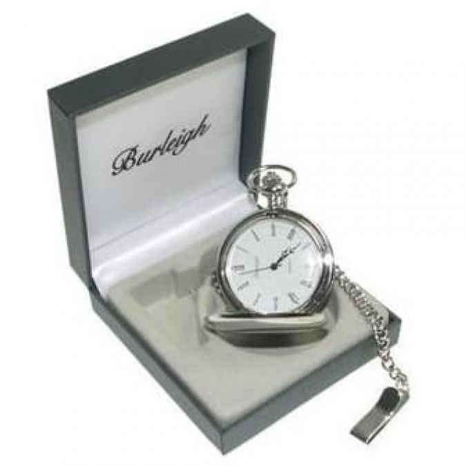 Gents Half Hunter Stainless Steel Pocket Watch With Chain & Stand