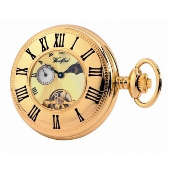 Gold Plated 17 Jewel Moon Dial Mechanical Half Hunter Pocket Watch