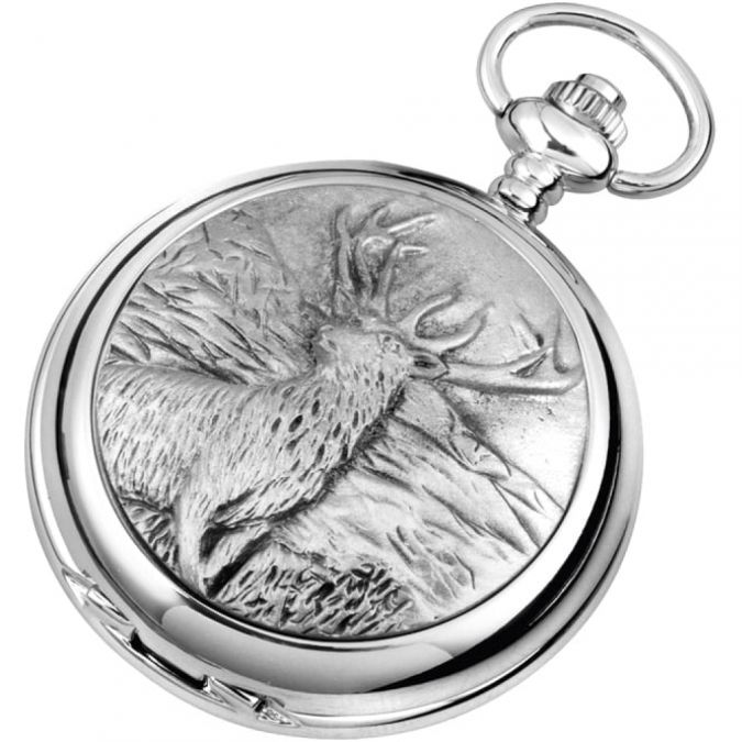 Chrome Double Hunter Stag Mechanical Pocket Watch