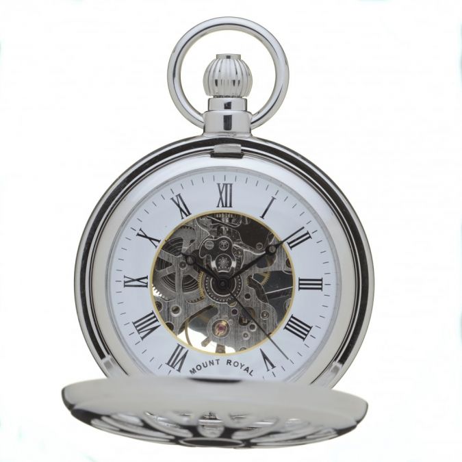Polished Chrome 17 Jewel Mechanical full Hunter Pocket Watch With Open Lace Effect Front Case