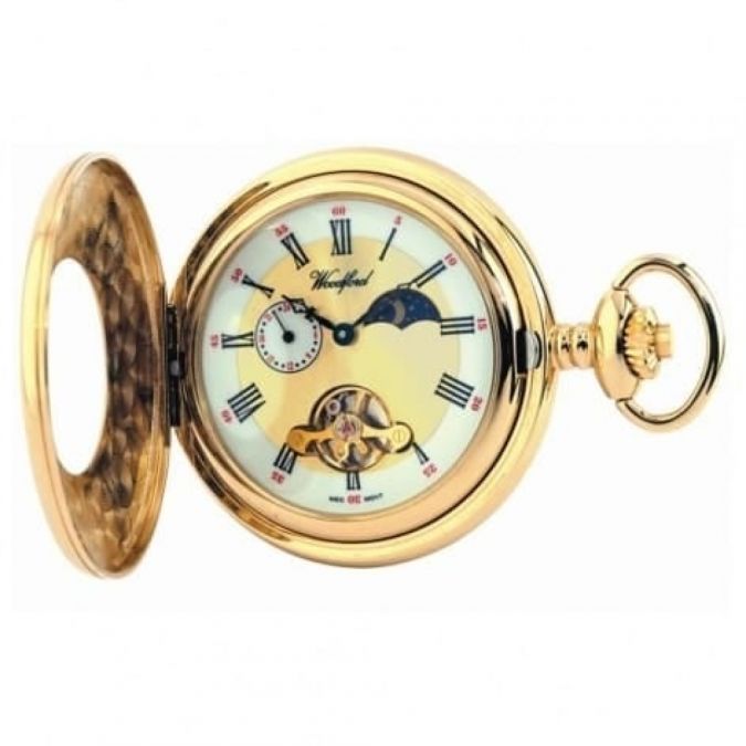 Gold Plated 17 Jewel Moon Dial Mechanical Half Hunter Pocket Watch