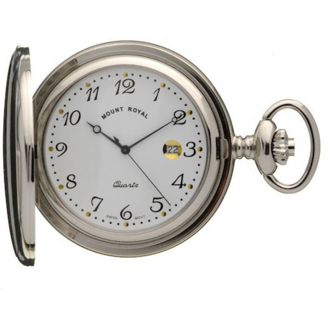Chrome Plated Full Hunter Quartz Pocket Watch with Arabic Numerals
