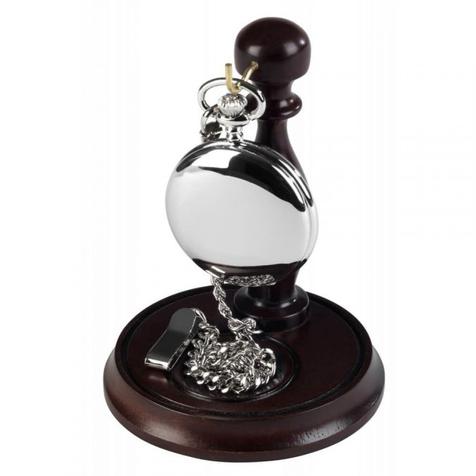 Full Hunter Chrome Pocket Watch With Chain & Stand