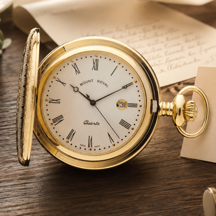 Gold Plated Full Hunter Date Display Quartz Pocket Watch with Chain (45mm) (B4)