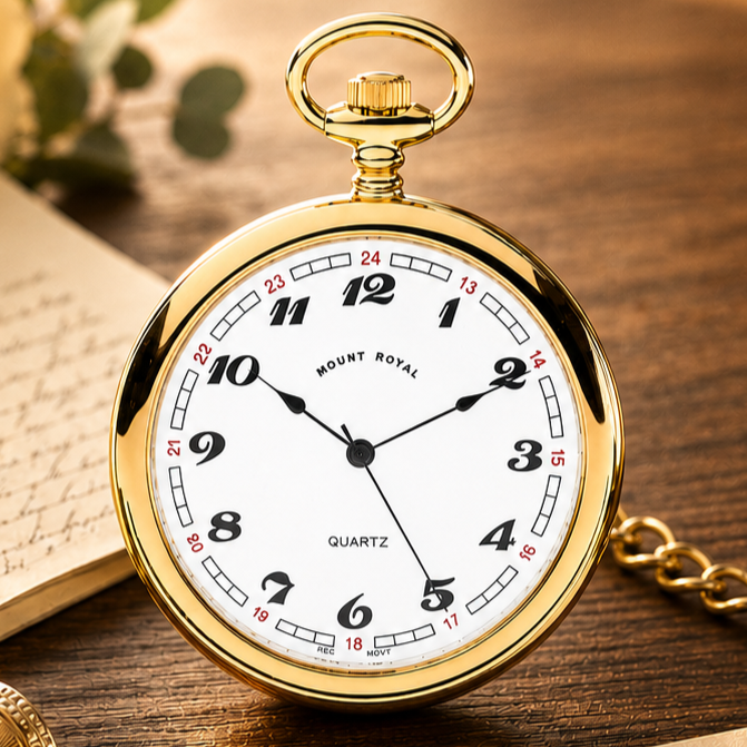 Gold Plated Open Face Quartz Pocket Watch with Chain