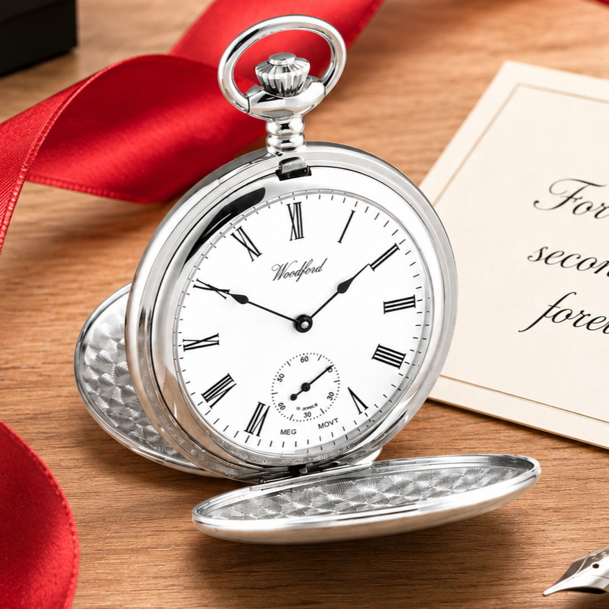 Chrome Plated Double Hunter Mechanical Pocket Watch with Chain