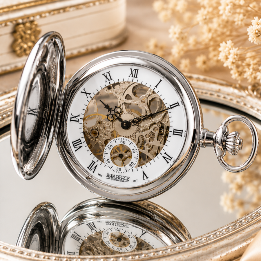 Chrome Plated Half Hunter Skeleton Dial Mechanical Pocket Watch with Chain