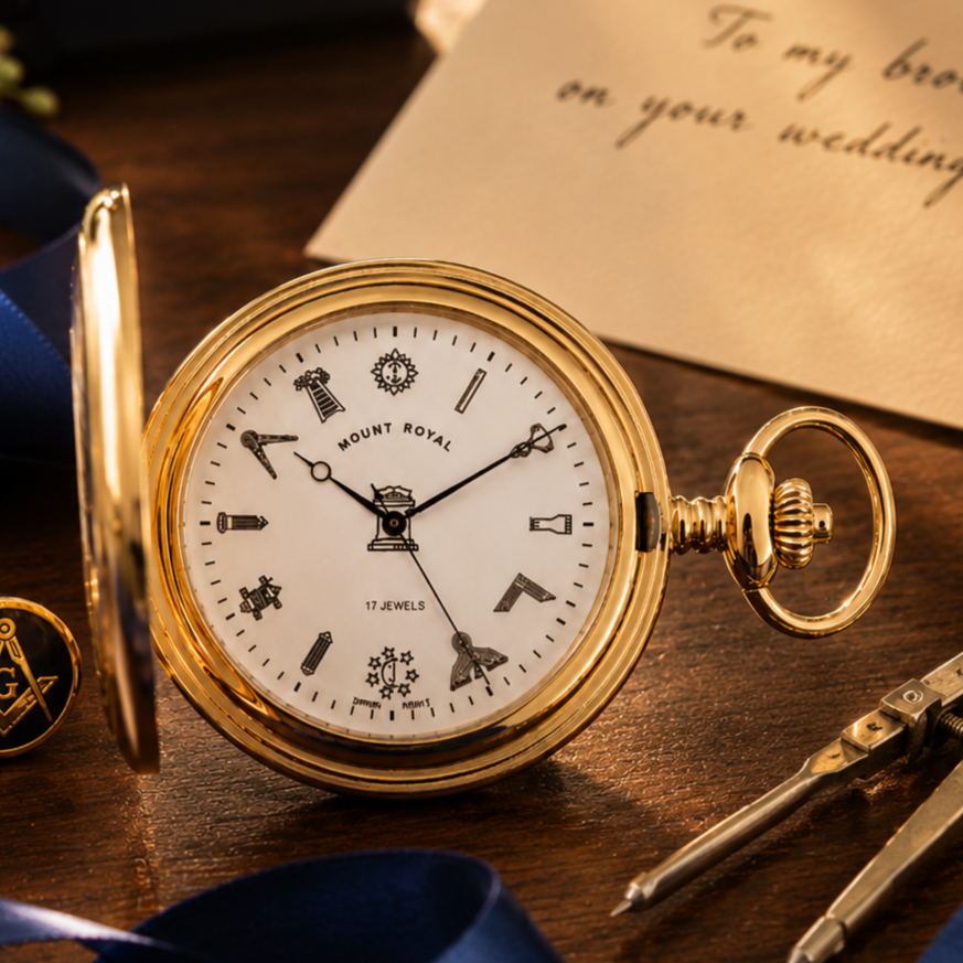 Masonic Gold Plated Full Hunter 17 Jewel Mechanical Pocket Watch