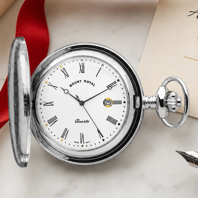 Chrome Plated Full Hunter Quartz Pocket Watch White Dial