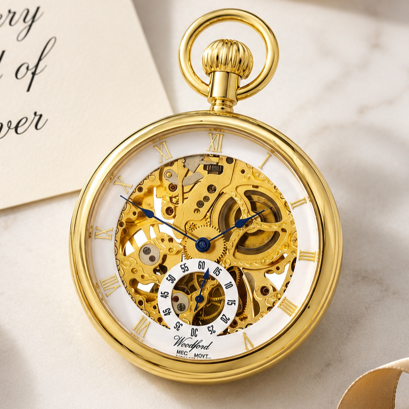 Gold Plated Open Face Skeleton Dial Mechanical Pocket Watch with Chain