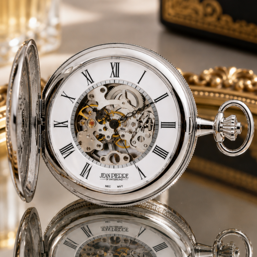 Chrome Plated Double Hunter Mechanical Pocket Watch with Chain