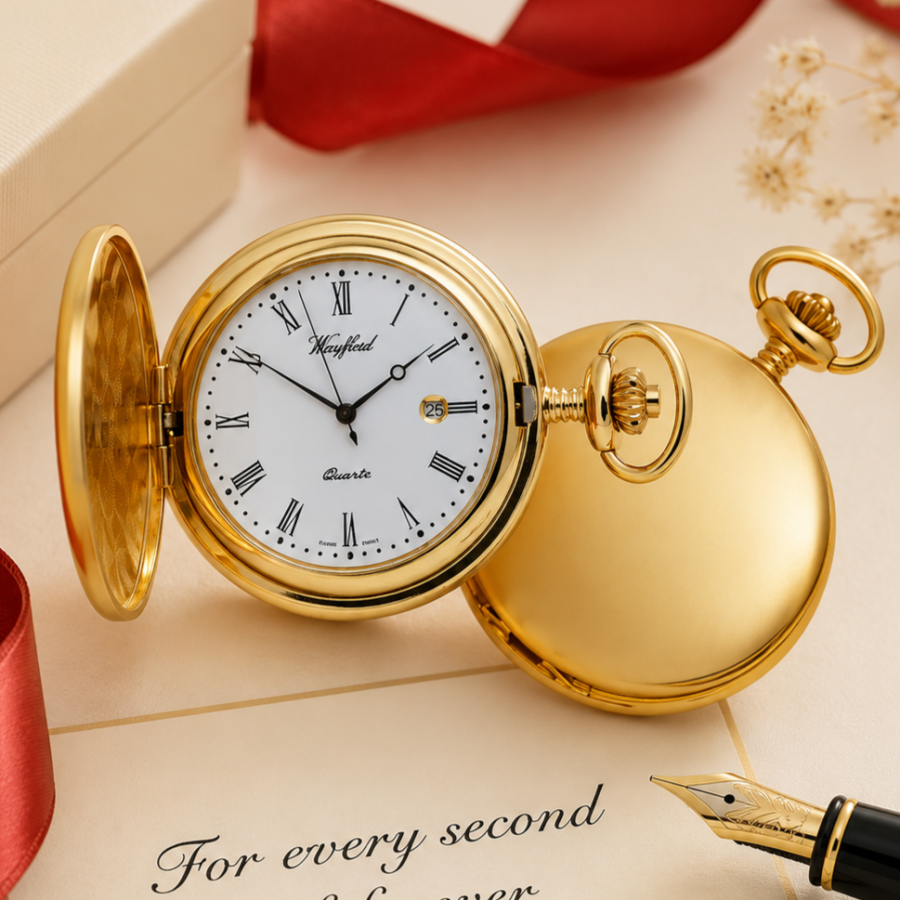 Masonic Gold Plated Full Hunter Date Display Quartz Pocket Watch with Chain (Roman Numerals)