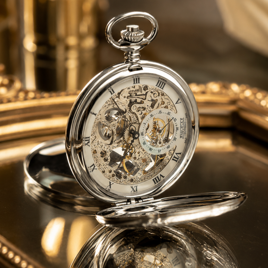 Chrome Plated Double Hunter Mechanical Pocket Watch with Chain (50mm) (G250CM)