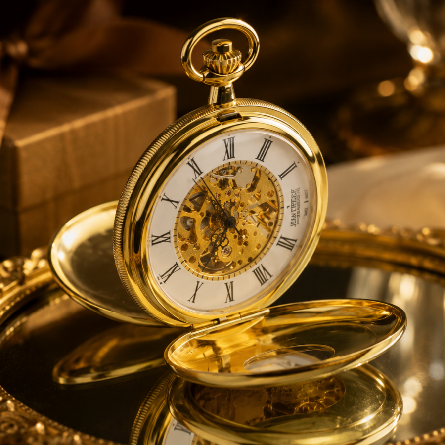 Gold Plated Double Half Hunter Mechanical Pocket Watch with Chain (48mm)