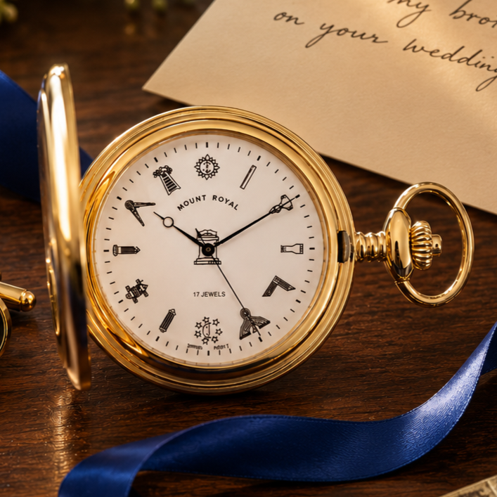 Gold Plated Masonic Mechanical Engine Turned Full Hunter Pocket Watch