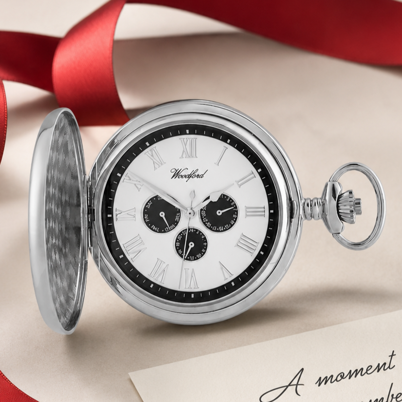 Chrome Plated Full Hunter Date Display Quartz Pocket Watch with Chain
