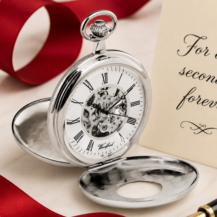 Chrome Plated Double Half Hunter Mechanical Pocket Watch with Chain