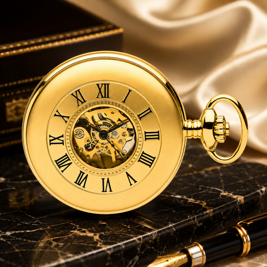 Matt Finish Gold Plated Mechanical Half Hunter Pocket Watch