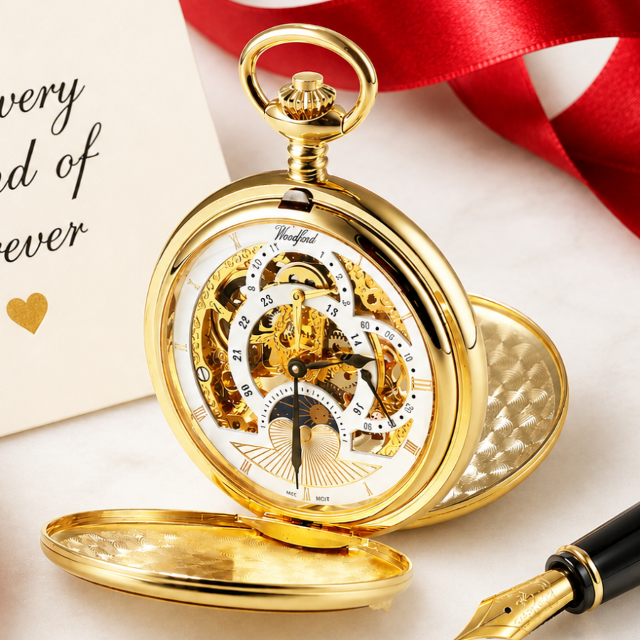 Gold Plated Double Hunter Dual Time Mechanical Pocket Watch with Chain