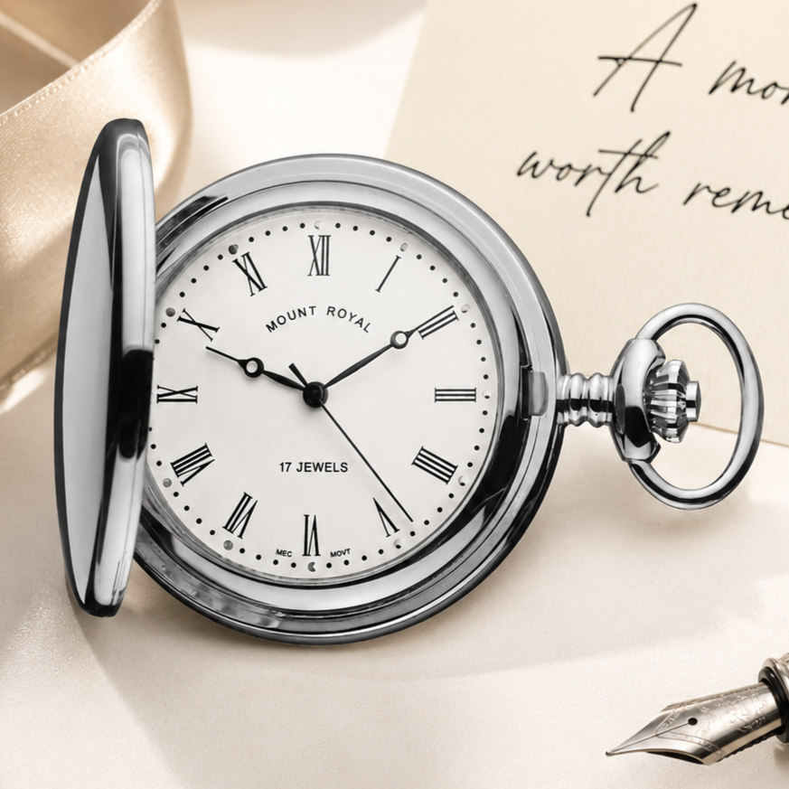 Chrome Plated Full Hunter Mechanical Pocket Watch with Chain (Roman Numerals)