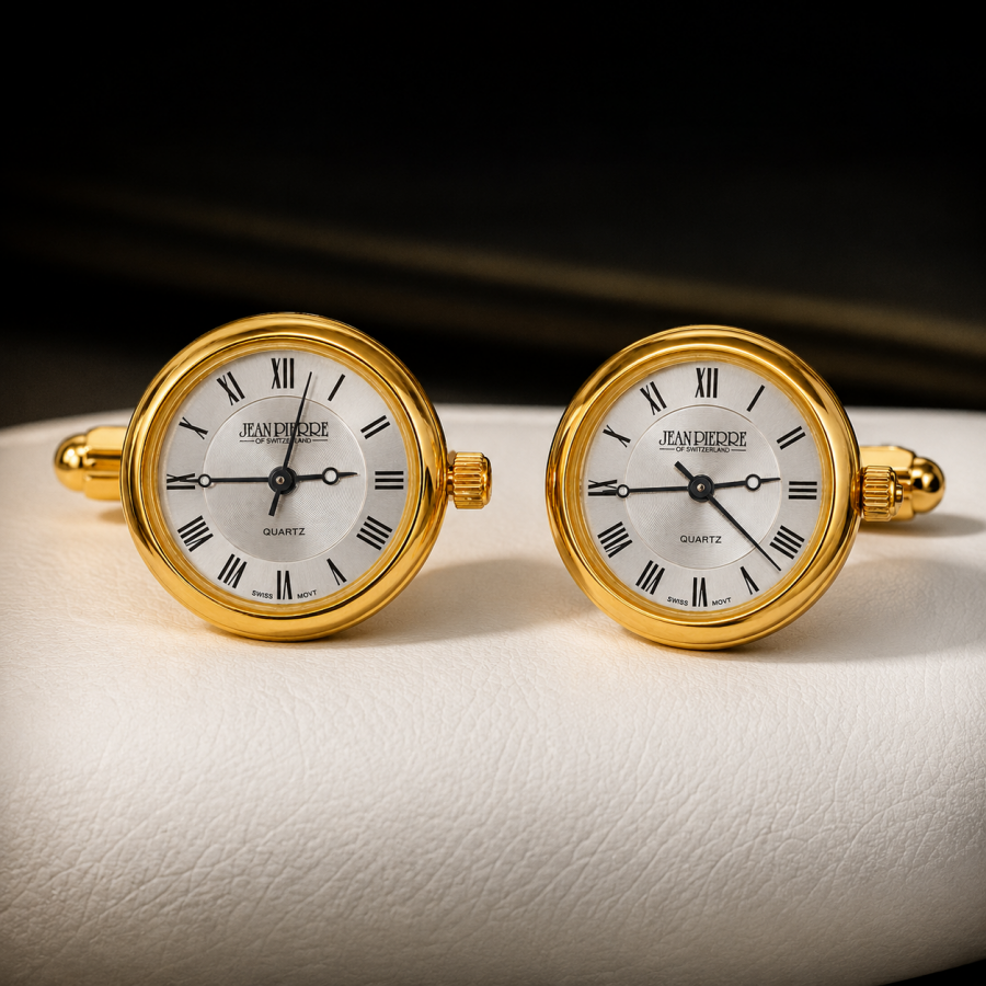 Gold Plated White Dial Cuff Links