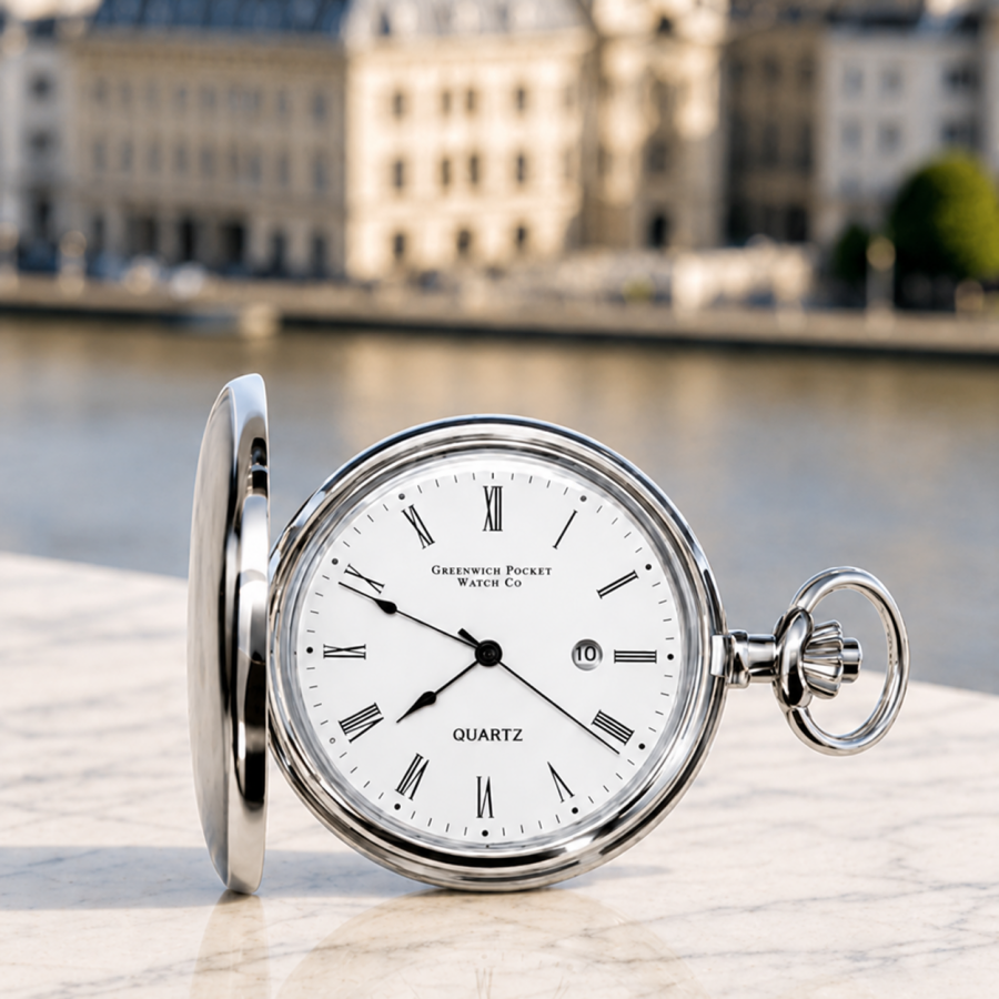 The Blenheim Chrome Plated Full Hunter Date Display Quartz Pocket Watch with Chain