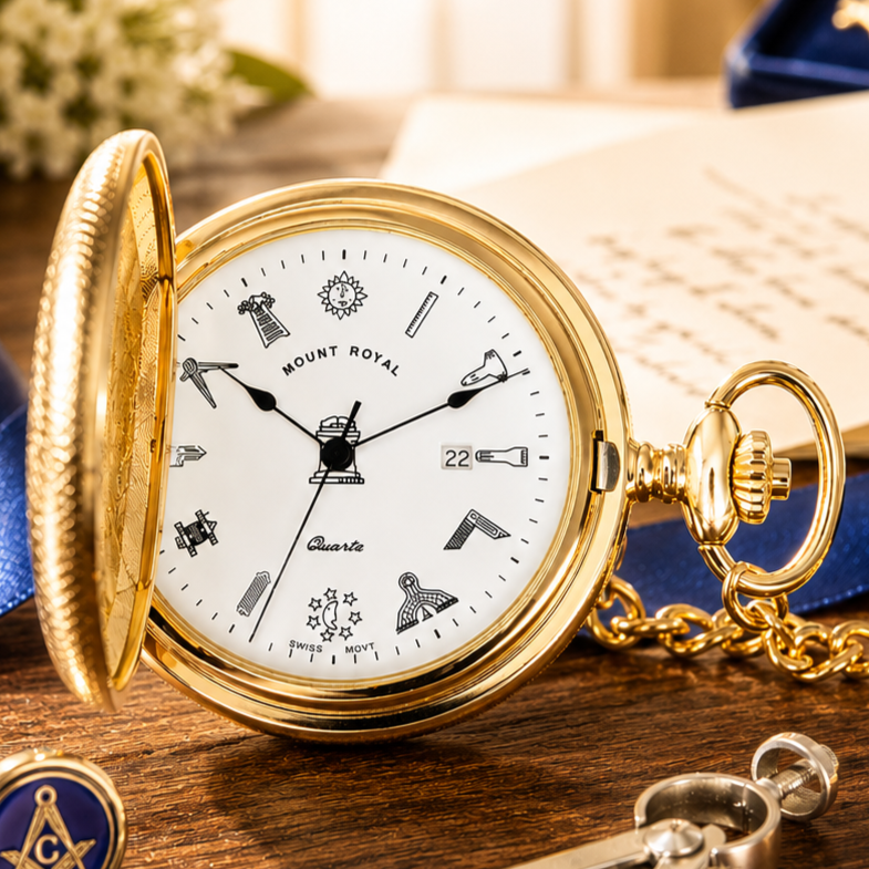 Masonic Gold Plated Half Hunter Quartz Pocket Watch