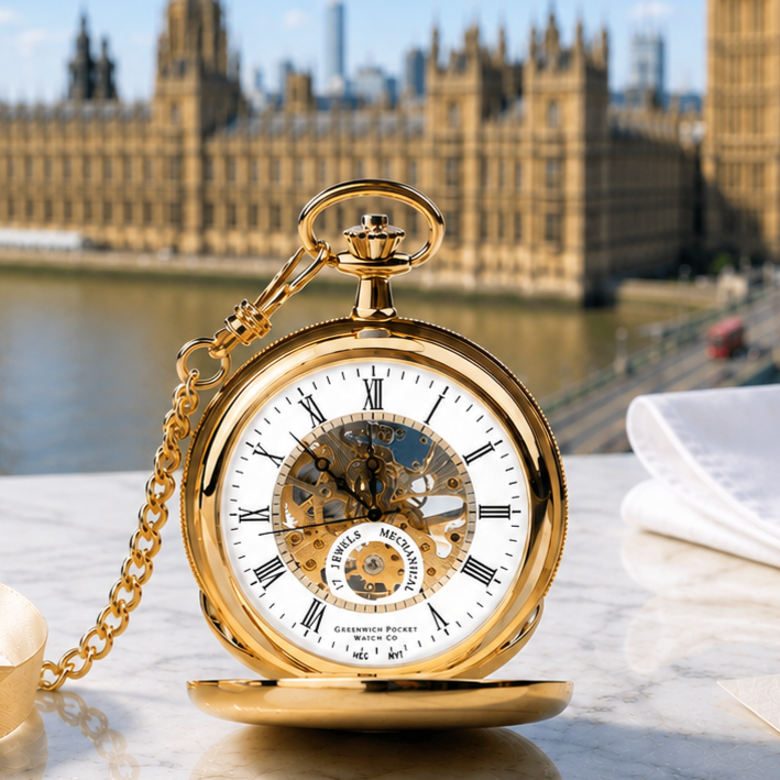 Gold Plated Double Hunter Mechanical Pocket Watch St James with Chain