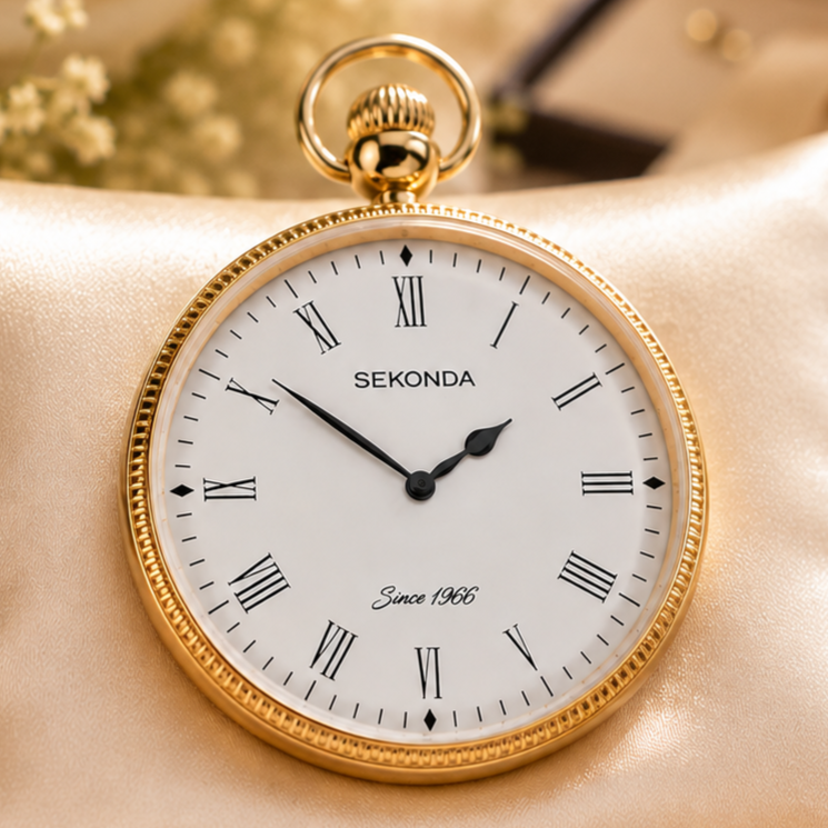 Gold Plated Open Face Quartz Pocket Watch with Chain