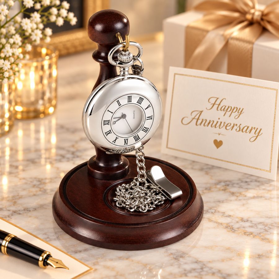 Stainless Steel Half Hunter Quartz Pocket Watch Gents Stand with Chain