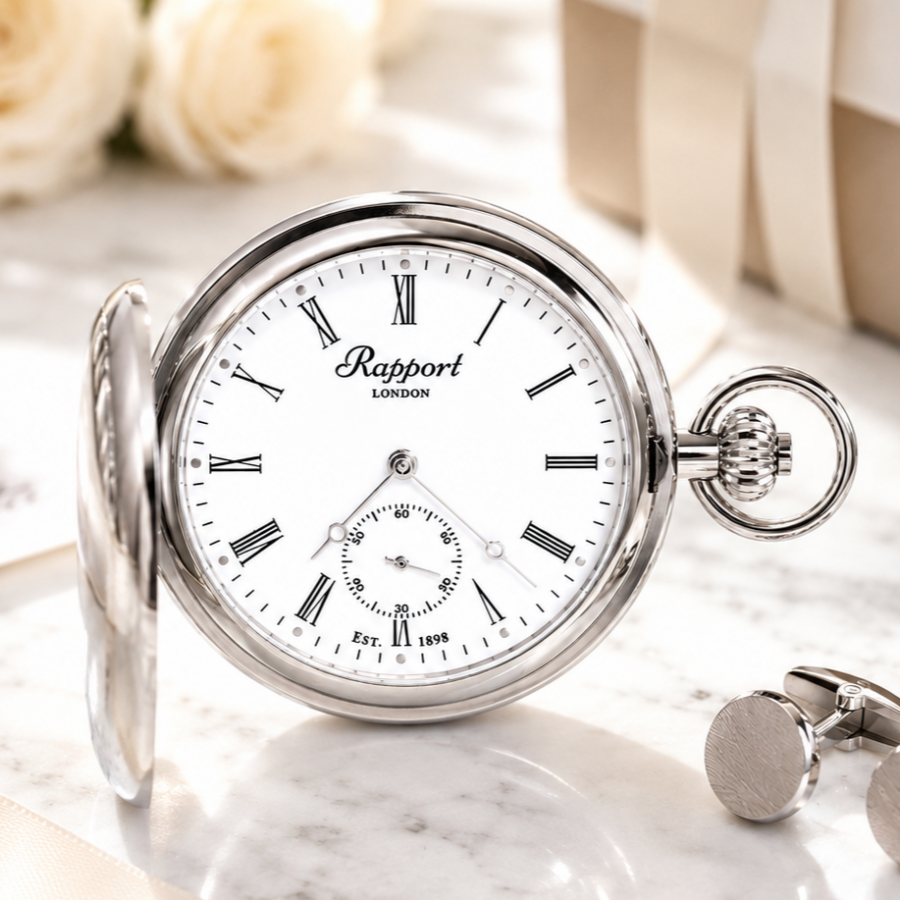 Chrome Plated Double Hunter Mechanical Pocket Watch with Chain
