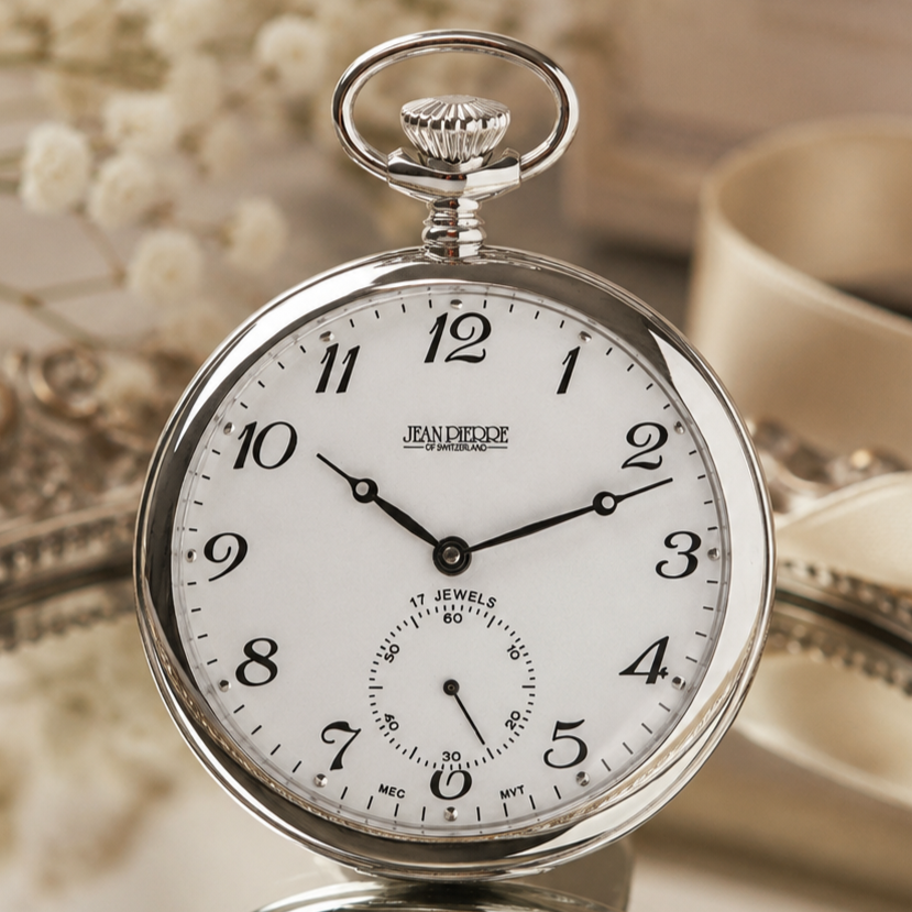 Sterling Silver Open Face Mechanical Pocket Watch with Chain