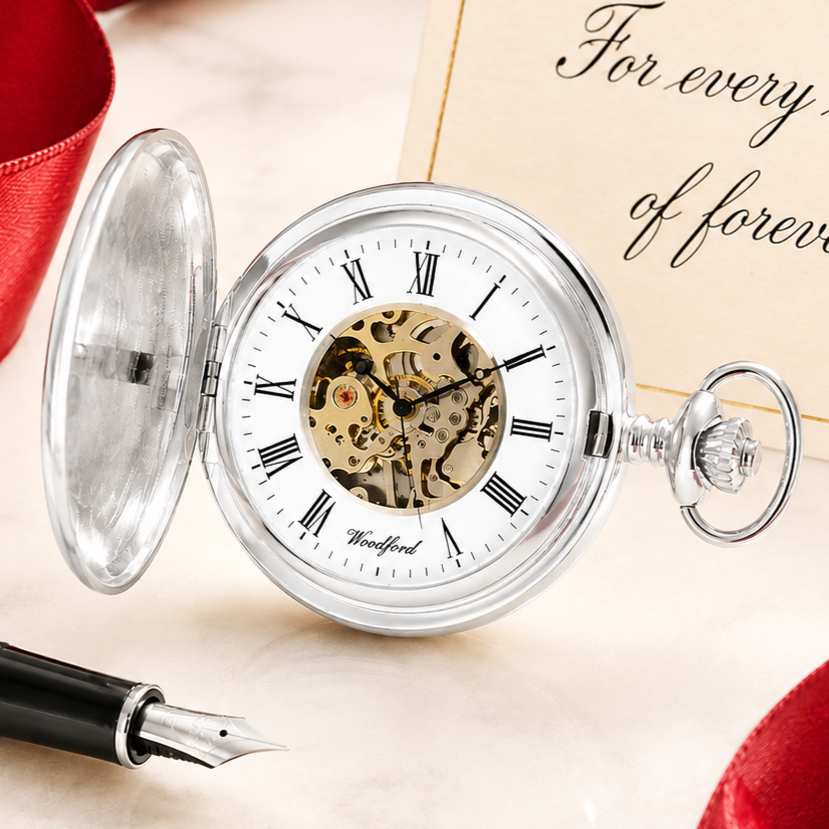 Sterling Silver Full Hunter Skeleton Dial Mechanical Pocket Watch