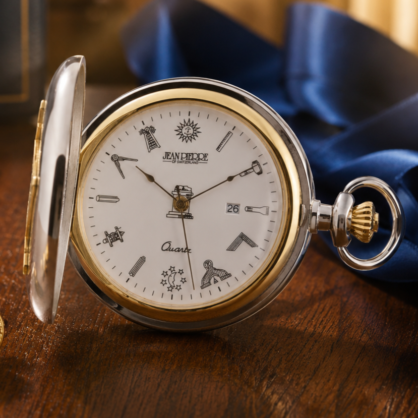 Masonic Two-Tone Full Hunter Date Display Quartz Pocket Watch with Chain