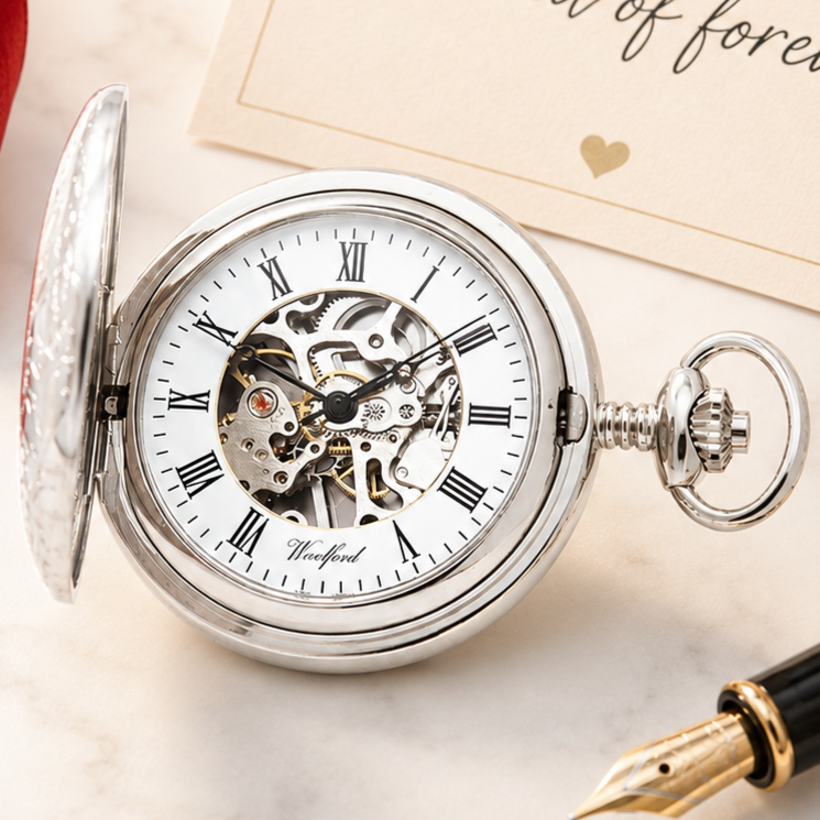 Chrome Plated Half Hunter Skeleton Dial Mechanical Pocket Watch with Chain