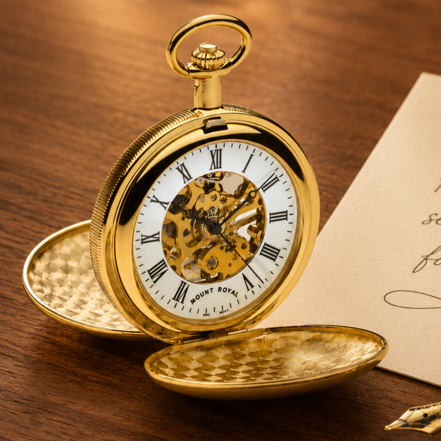 Gold Plated Double Hunter Mechanical Pocket Watch with Chain (45mm) (B27)