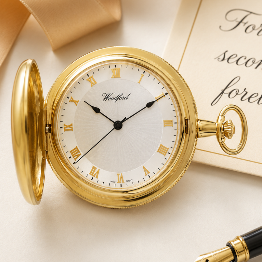 Gold Plated Full Hunter Mechanical Pocket Watch with Chain (Roman Numerals)