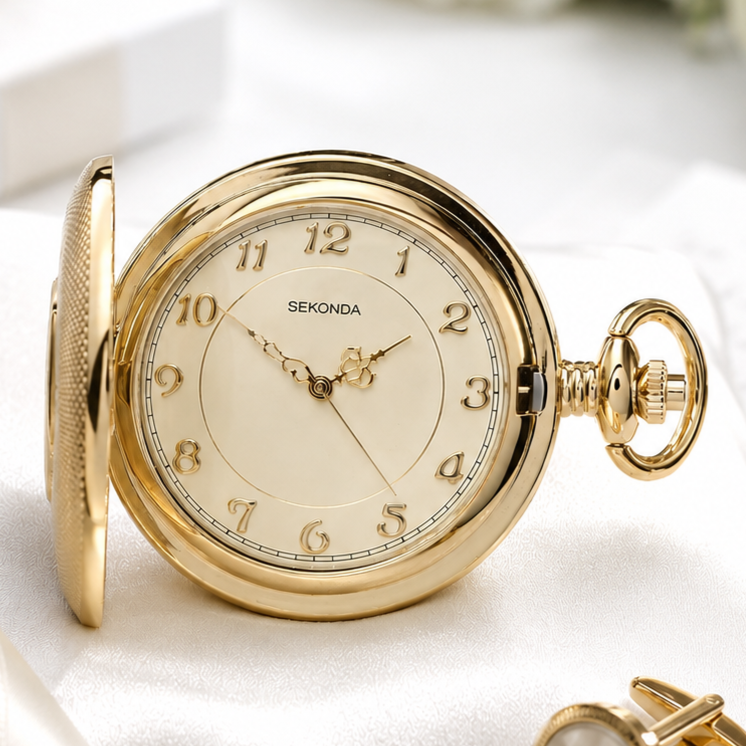 Gold Plated Half Hunter Quartz Pocket Watch with Chain