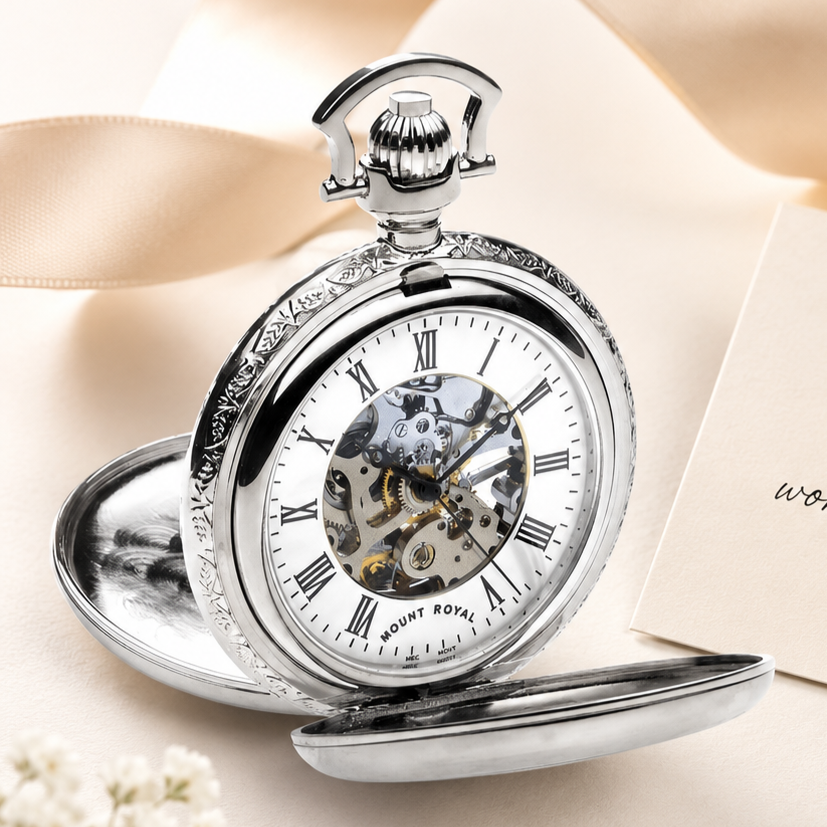 Chrome Plated Double Half Hunter Mechanical Pocket Watch with Chain (46mm)